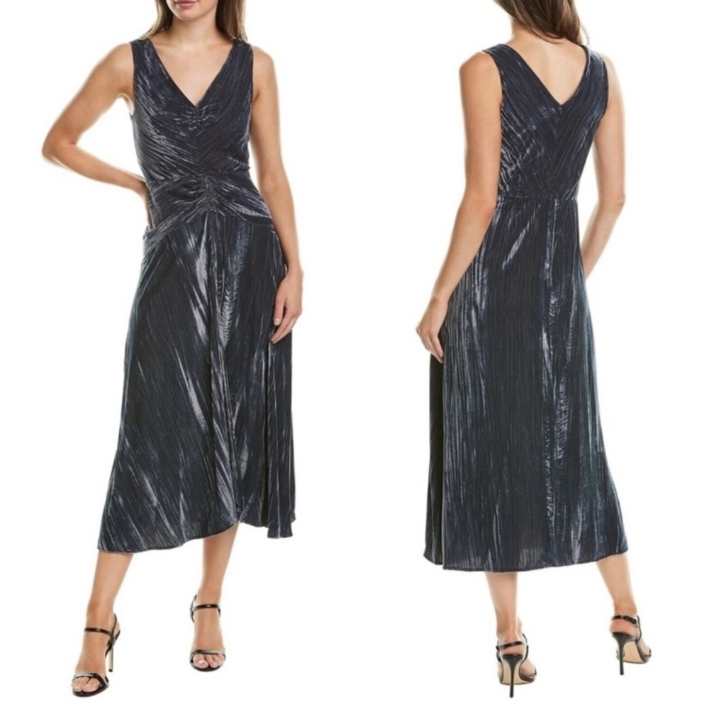 Vince Azure Slate Gray Ruched Textured Velvet Sleeveless Midi Dress